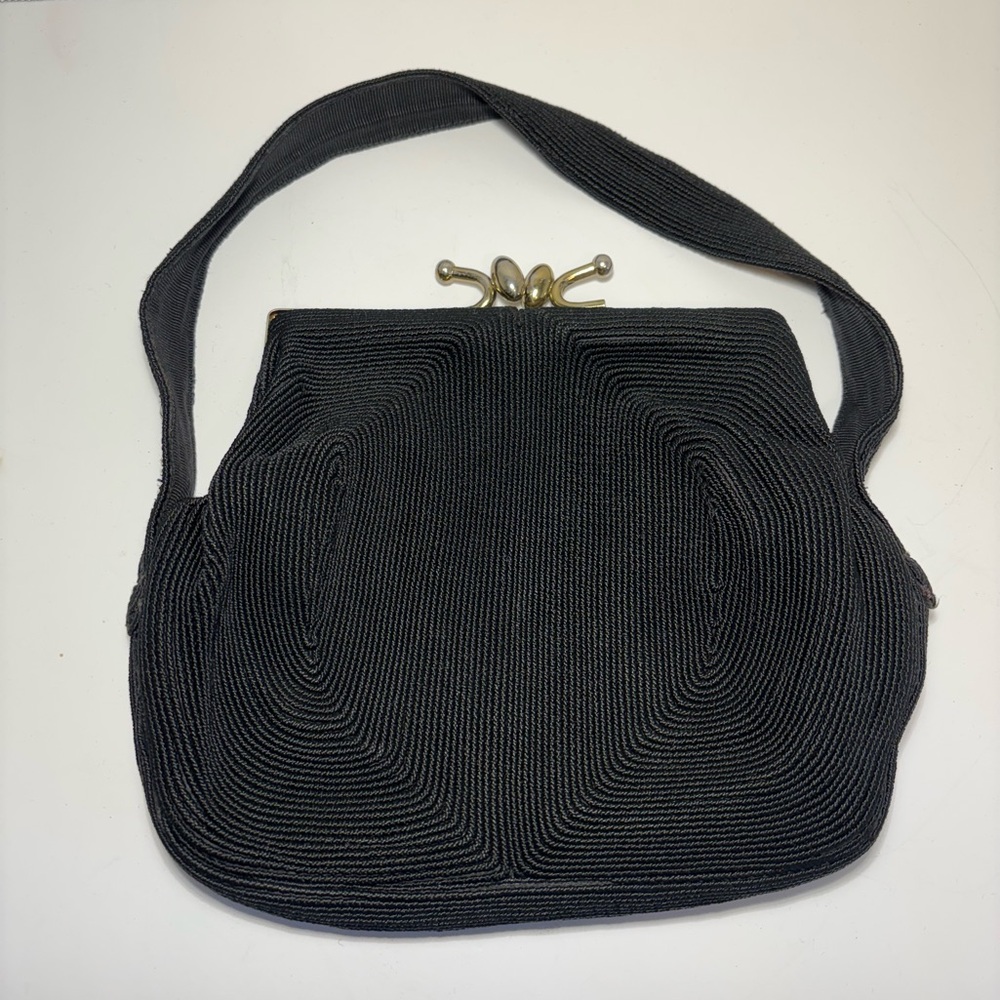 Genuine Corde Kiss Handbag Purse Black Gold 6”-9” W Graduated Kiss Closure 1940